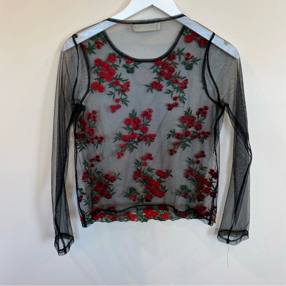 Twinkle Women's Black Sheer Red Green Floral Embordered Long Sleeve Shirt medium - Picture 4 of 5
